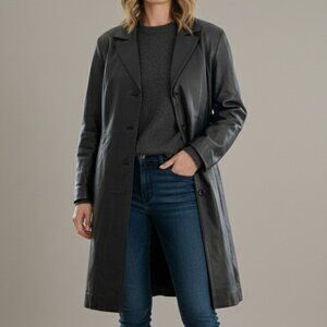 Genuine Turkish Leather Coat Knee Length Button Close Black XL